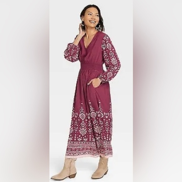 Knox Rose boho style burgundy print V neck smocked elastic waist maxi. NWT Large - Picture 1 of 6